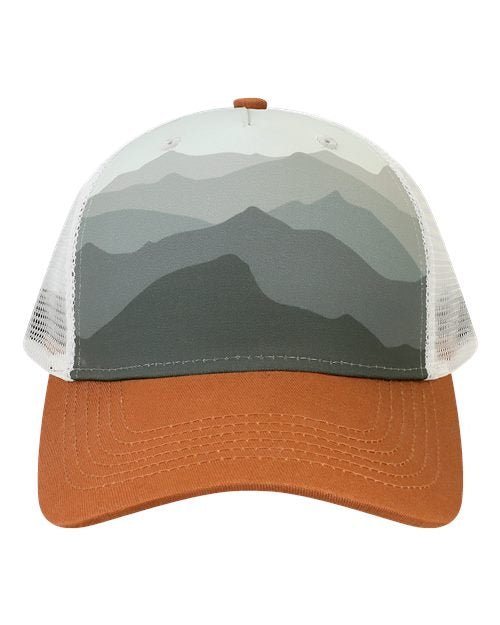 Custom Locale 5PTKR Trucker Cap – Sublimated Landscape 5 - Panel Hat - Ranges Grey/ Dark Orange - The Luua Company