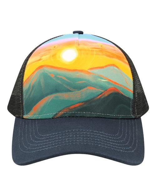 Custom Locale 5PTKR Trucker Cap – Sublimated Landscape 5 - Panel Hat - Sunset Hills/ Teal - The Luua Company