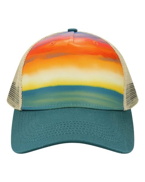Custom Locale 5PTKR Trucker Cap – Sublimated Landscape 5 - Panel Hat - Watercolor Sunset/ Teal - The Luua Company