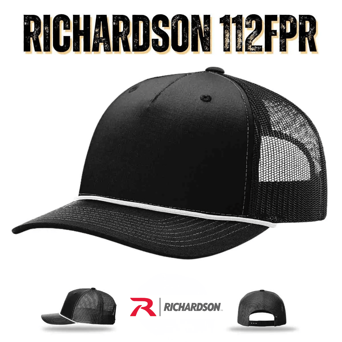 Custom Richardson 112FPR | Five - Panel Trucker with Rope Cap - Black/ Charcoal - The Luua Company