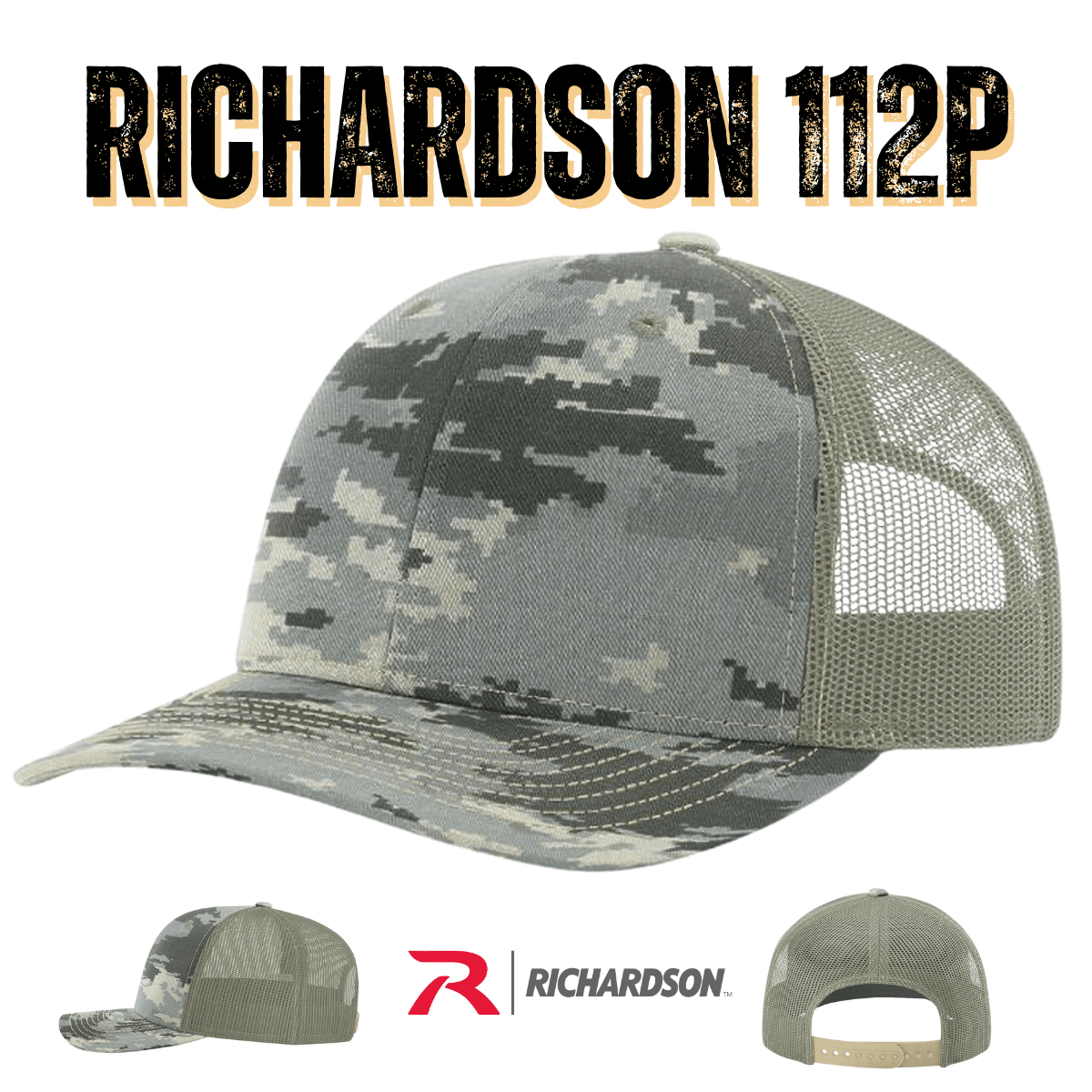 Custom Richardson 112P Printed Trucker Hat | Camo & Patterned Leather Patch Cap - Army Camo/ Black - The Luua Company