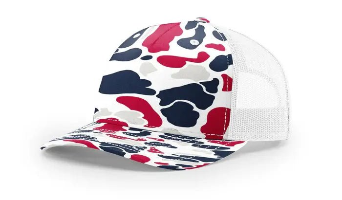 Custom Richardson 112PFP Leather Patch Hat | 5-Panel Camo Trucker in Americana Duck Camo/ White - The Luua Company