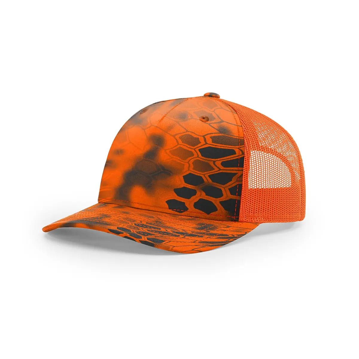 Custom Richardson 112PFP Leather Patch Hat | 5-Panel Camo Trucker in Kryptek Inferno/ Blaze Orange - The Luua Company