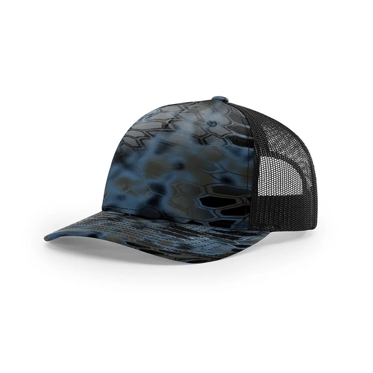 Custom Richardson 112PFP Leather Patch Hat | 5-Panel Camo Trucker in Kryptek Neptune/ Black - The Luua Company