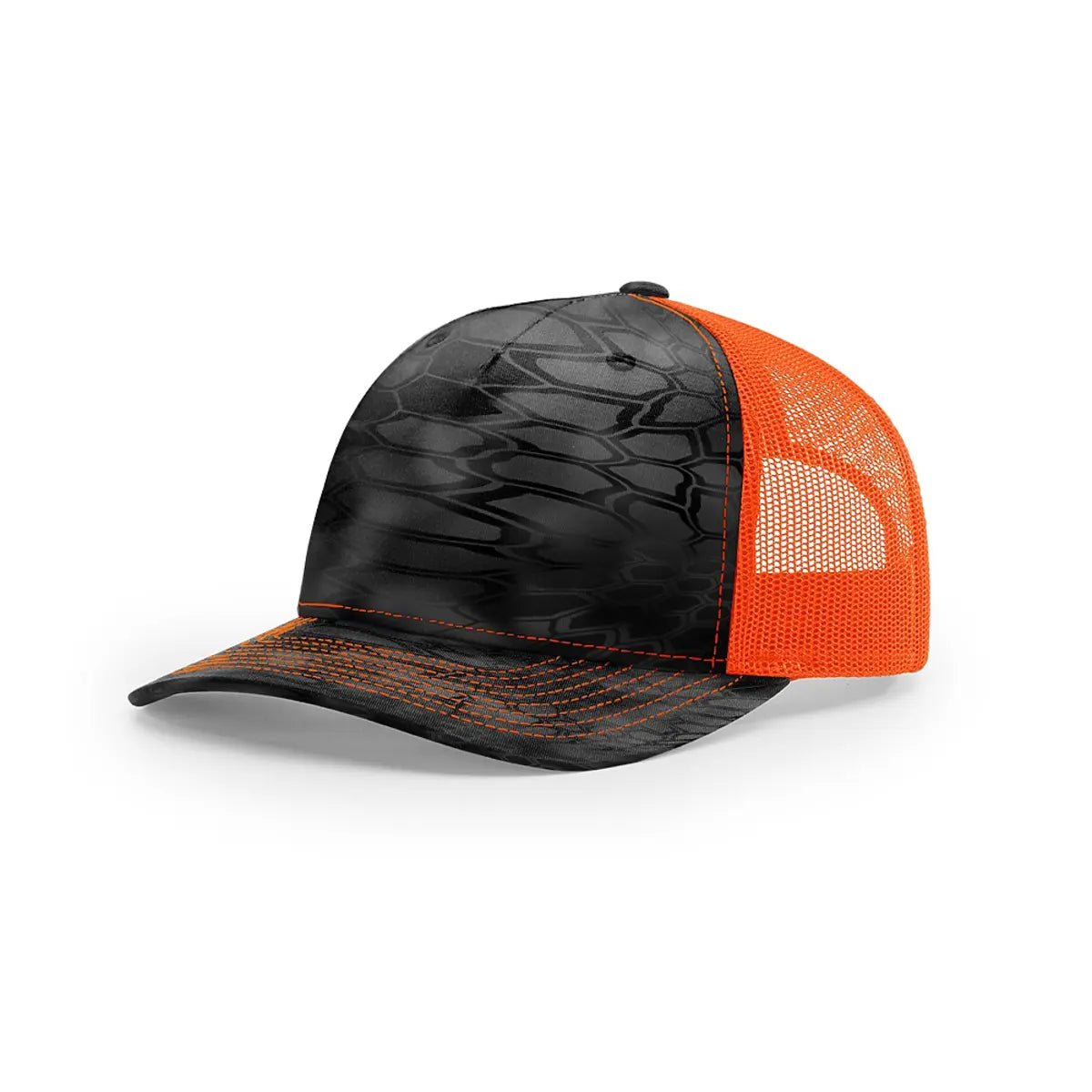 Custom Richardson 112PFP Leather Patch Hat | 5-Panel Camo Trucker in Kryptek Typhon/ Neon Orange - The Luua Company