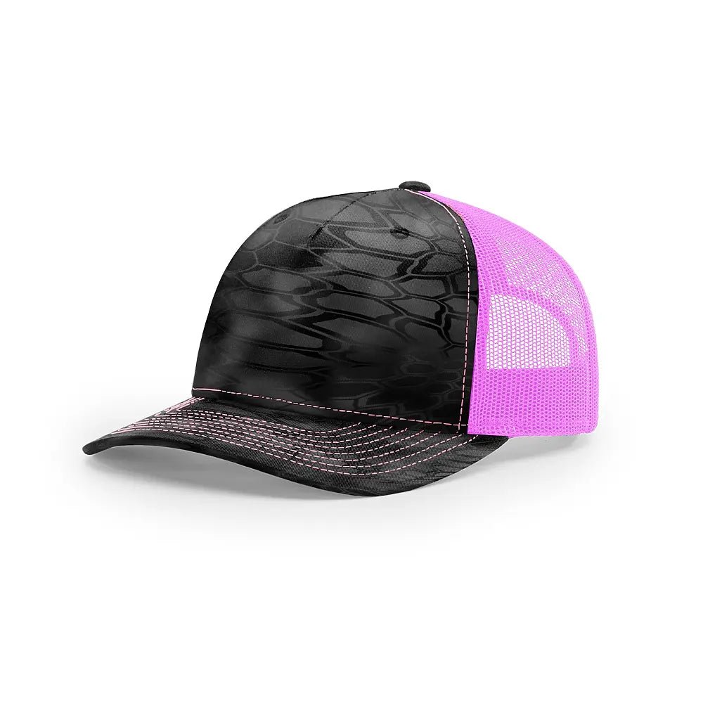 Custom Richardson 112PFP Leather Patch Hat | 5-Panel Camo Trucker in Kryptek Typhon/ Neon Pink - The Luua Company