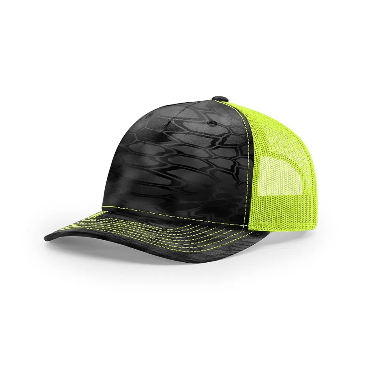 Custom Richardson 112PFP Leather Patch Hat | 5-Panel Camo Trucker in Kryptek Typhon/ Neon Yellow - The Luua Company