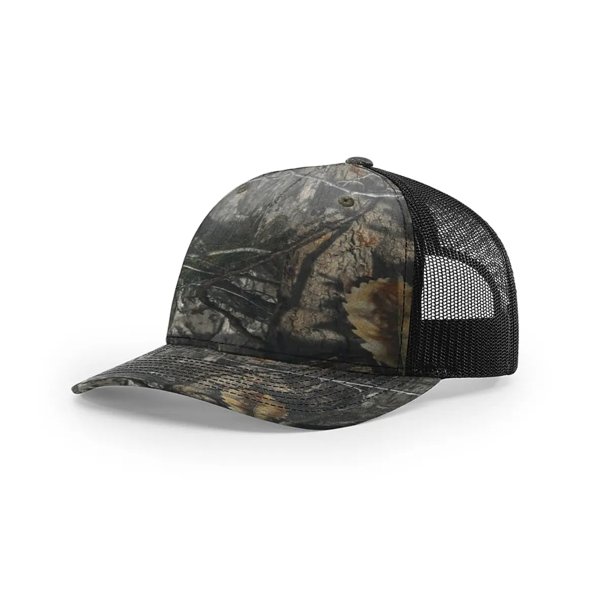 Custom Richardson 112PFP Leather Patch Hat | 5-Panel Camo Trucker in Mossy Oak Country DNA/ Black - The Luua Company
