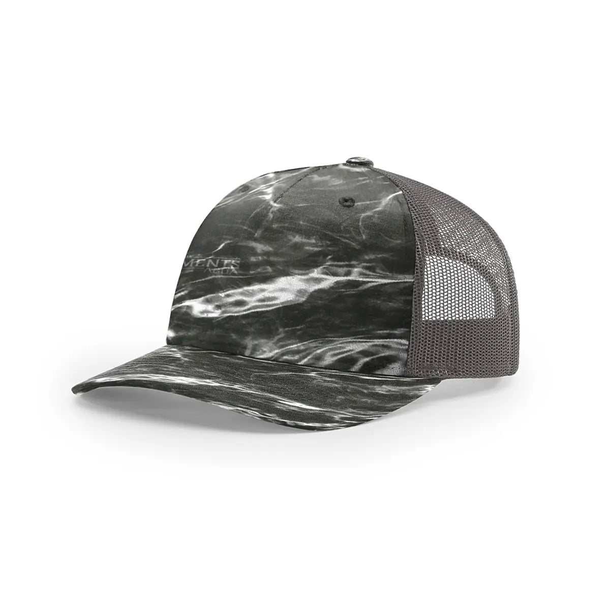 Custom Richardson 112PFP Leather Patch Hat | 5-Panel Camo Trucker in Mossy Oak Elements Blacktip/ Charcoal - The Luua Company