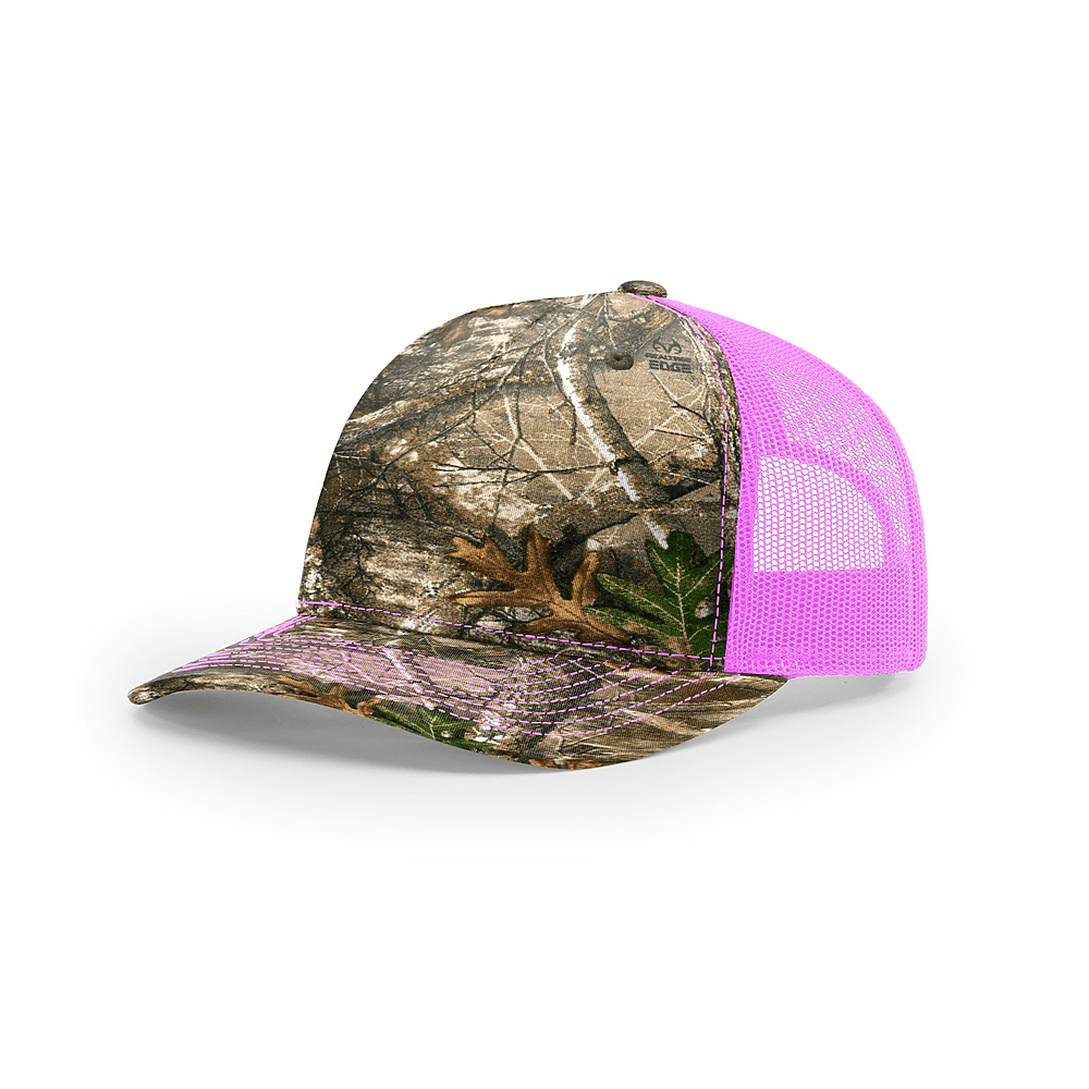 Custom Richardson 112PFP Leather Patch Hat | 5-Panel Camo Trucker in Realtree Edge/ Neon Pink - The Luua Company