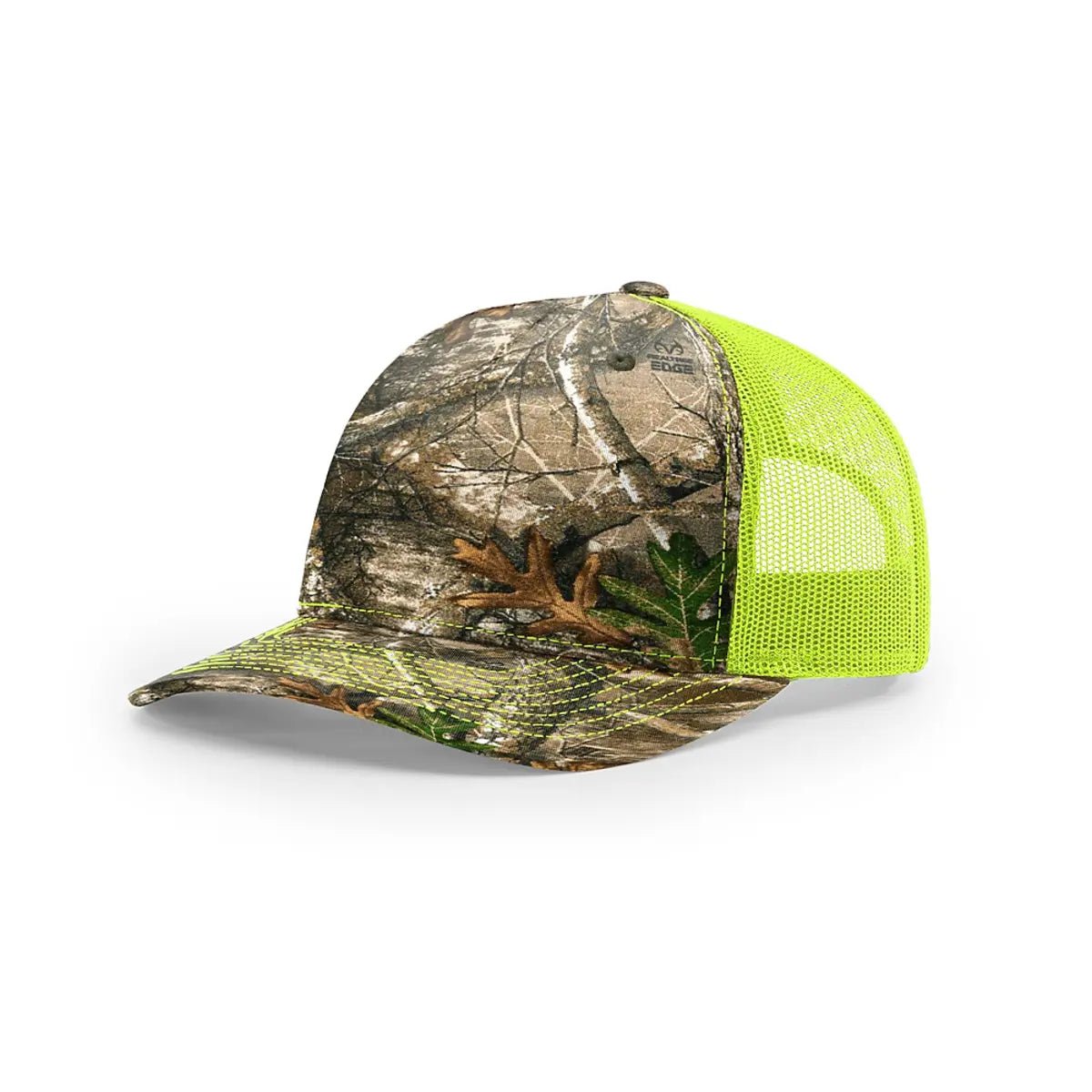 Custom Richardson 112PFP Leather Patch Hat | 5-Panel Camo Trucker in Realtree Edge/ Neon Yellow - The Luua Company