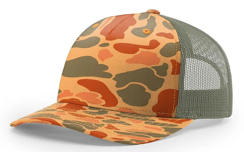 Custom Richardson 112PFP Leather Patch Hat | 5-Panel Camo Trucker in Sienna Duck Camo/ Loden Green - The Luua Company