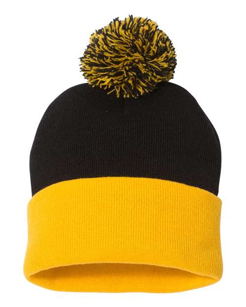 Custom Sportsman SP15 12" Pom - Pom Beanie | Cuffed Knit Winter Hat - Black/ Gold - The Luua Company