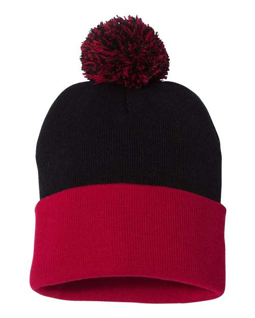 Custom Sportsman SP15 12" Pom - Pom Beanie | Cuffed Knit Winter Hat - Black/ Red - The Luua Company