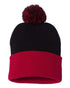 Custom Sportsman SP15 12" Pom - Pom Beanie | Cuffed Knit Winter Hat - Black/ Red - The Luua Company