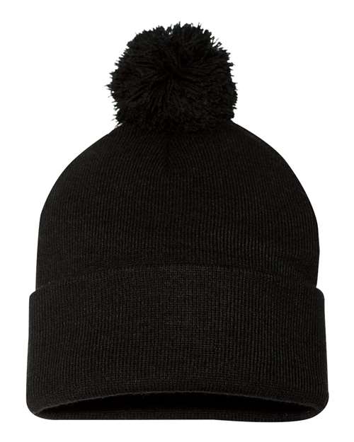 Custom Sportsman SP15 12" Pom - Pom Beanie | Cuffed Knit Winter Hat - Black - The Luua Company