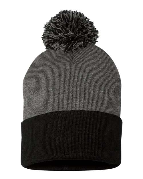 Custom Sportsman SP15 12" Pom - Pom Beanie | Cuffed Knit Winter Hat - Dark Heather Grey/ Black - The Luua Company