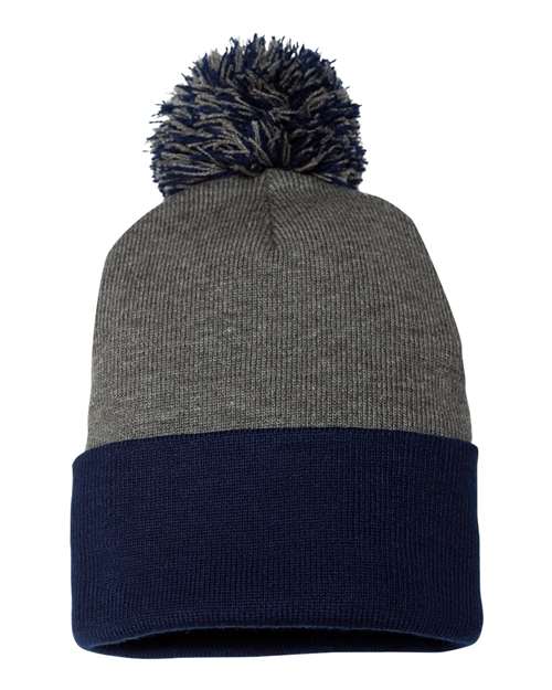 Custom Sportsman SP15 12" Pom - Pom Beanie | Cuffed Knit Winter Hat - Dark Heather Grey/ Navy - The Luua Company