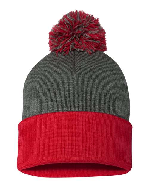 Custom Sportsman SP15 12" Pom - Pom Beanie | Cuffed Knit Winter Hat - Dark Heather Grey/ Red - The Luua Company