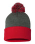 Custom Sportsman SP15 12" Pom - Pom Beanie | Cuffed Knit Winter Hat - Dark Heather Grey/ Red - The Luua Company