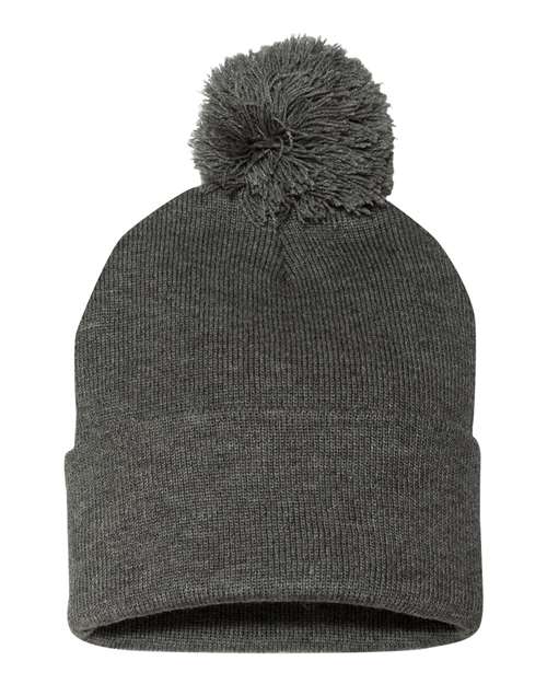 Custom Sportsman SP15 12" Pom - Pom Beanie | Cuffed Knit Winter Hat - Dark Heather Grey - The Luua Company