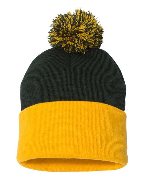 Custom Sportsman SP15 12" Pom - Pom Beanie | Cuffed Knit Winter Hat - Forest/ Gold - The Luua Company