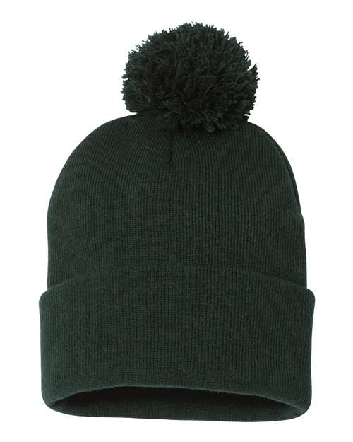 Custom Sportsman SP15 12" Pom - Pom Beanie | Cuffed Knit Winter Hat - Forest - The Luua Company
