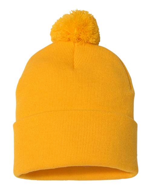 Custom Sportsman SP15 12" Pom - Pom Beanie | Cuffed Knit Winter Hat - Gold - The Luua Company
