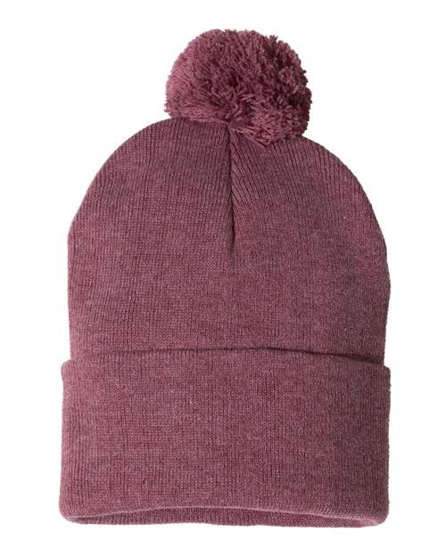 Custom Sportsman SP15 12" Pom - Pom Beanie | Cuffed Knit Winter Hat - Heather Cardinal - The Luua Company