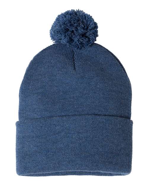 Custom Sportsman SP15 12" Pom - Pom Beanie | Cuffed Knit Winter Hat - Heather Dark Royal - The Luua Company