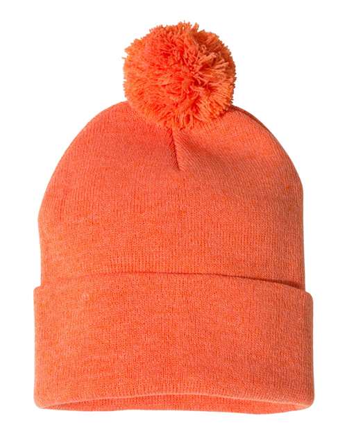 Custom Sportsman SP15 12" Pom - Pom Beanie | Cuffed Knit Winter Hat - Heather Orange - The Luua Company