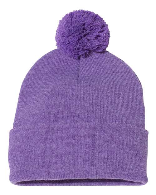 Custom Sportsman SP15 12" Pom - Pom Beanie | Cuffed Knit Winter Hat - Heather Purple - The Luua Company