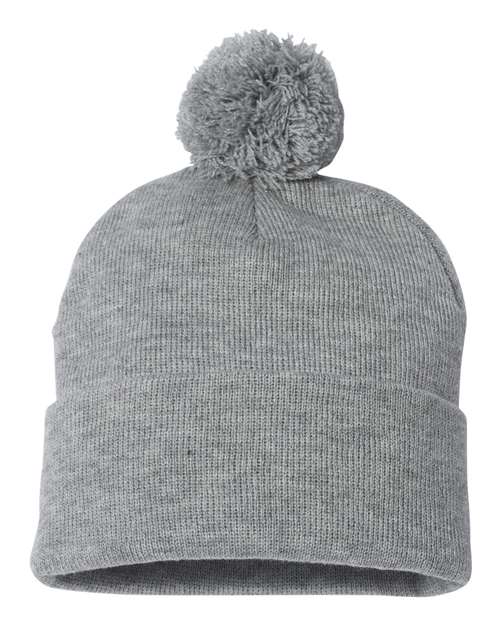 Custom Sportsman SP15 12" Pom - Pom Beanie | Cuffed Knit Winter Hat - Light Heather Grey - The Luua Company