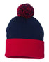 Custom Sportsman SP15 12" Pom - Pom Beanie | Cuffed Knit Winter Hat - Navy/ Red - The Luua Company