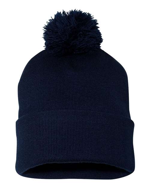 Custom Sportsman SP15 12" Pom - Pom Beanie | Cuffed Knit Winter Hat - Navy - The Luua Company