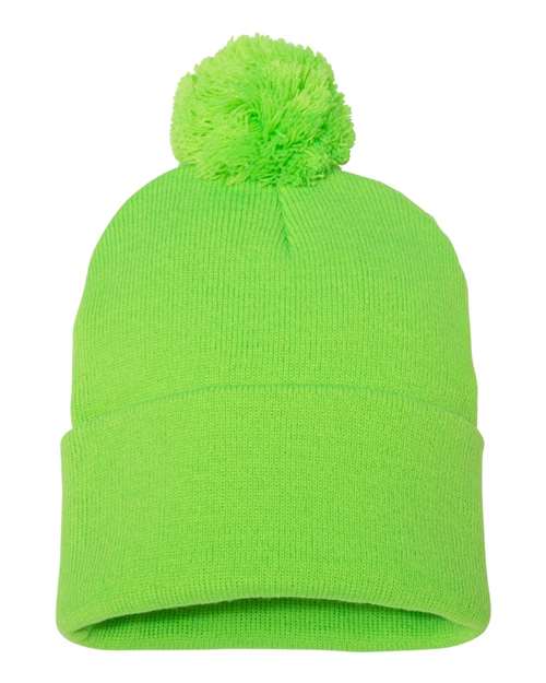 Custom Sportsman SP15 12" Pom - Pom Beanie | Cuffed Knit Winter Hat - Neon Green - The Luua Company