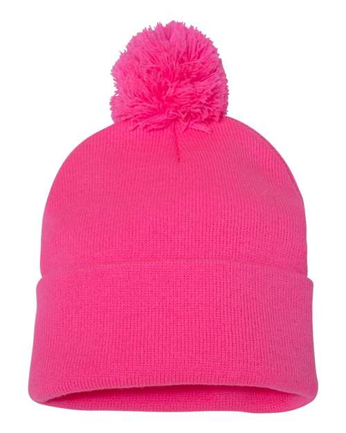 Custom Sportsman SP15 12" Pom - Pom Beanie | Cuffed Knit Winter Hat - Neon Pink - The Luua Company