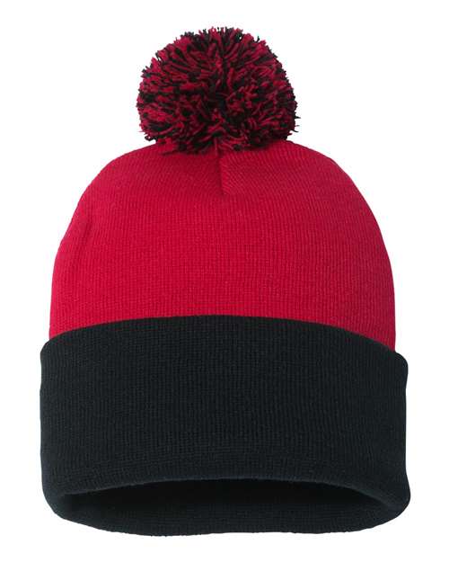 Custom Sportsman SP15 12" Pom - Pom Beanie | Cuffed Knit Winter Hat - Red/ Black - The Luua Company