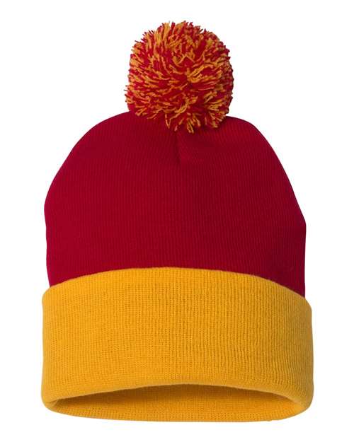 Custom Sportsman SP15 12" Pom - Pom Beanie | Cuffed Knit Winter Hat - Red/ Gold - The Luua Company