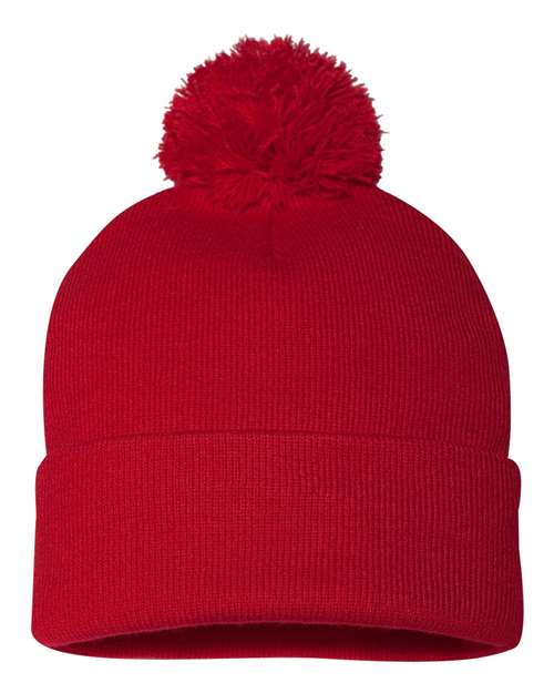 Custom Sportsman SP15 12" Pom - Pom Beanie | Cuffed Knit Winter Hat - Red - The Luua Company