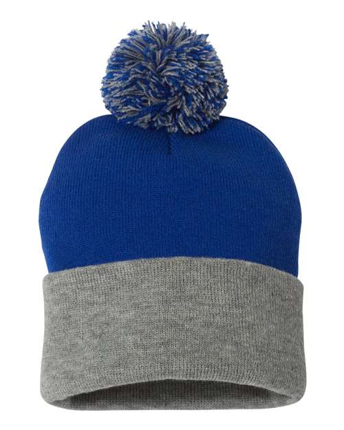 Custom Sportsman SP15 12" Pom - Pom Beanie | Cuffed Knit Winter Hat - Royal/ Light Heather Grey - The Luua Company