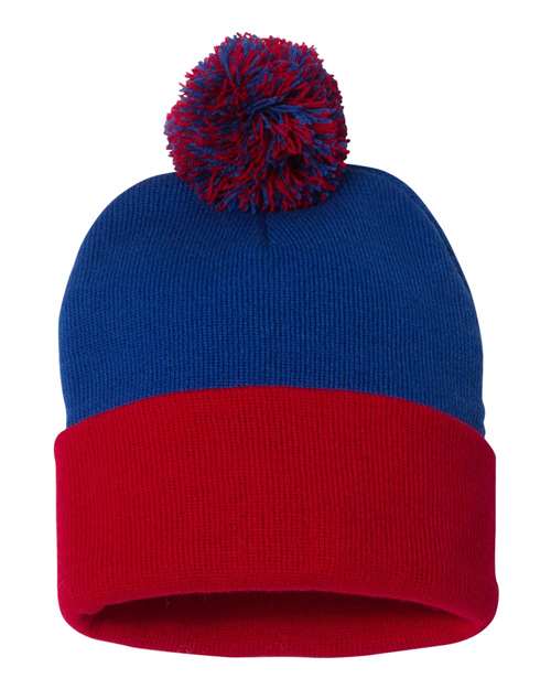 Custom Sportsman SP15 12" Pom - Pom Beanie | Cuffed Knit Winter Hat - Royal/ Red - The Luua Company