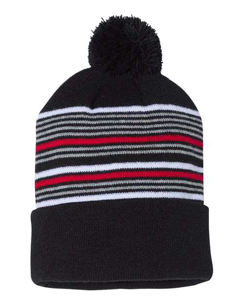 Custom Sportsman SP60S Striped Pom - Pom Beanie | Retro Knit - Black/ White/ Grey/ Red - The Luua Company
