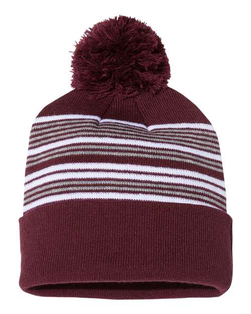 Custom Sportsman SP60S Striped Pom - Pom Beanie | Retro Knit - Maroon/ White/ Grey - The Luua Company