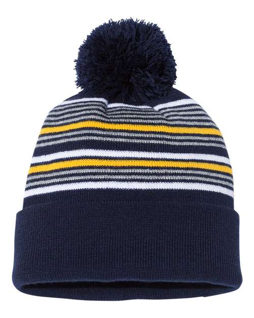 Custom Sportsman SP60S Striped Pom - Pom Beanie | Retro Knit - Navy/ White/ Grey/ Gold - The Luua Company