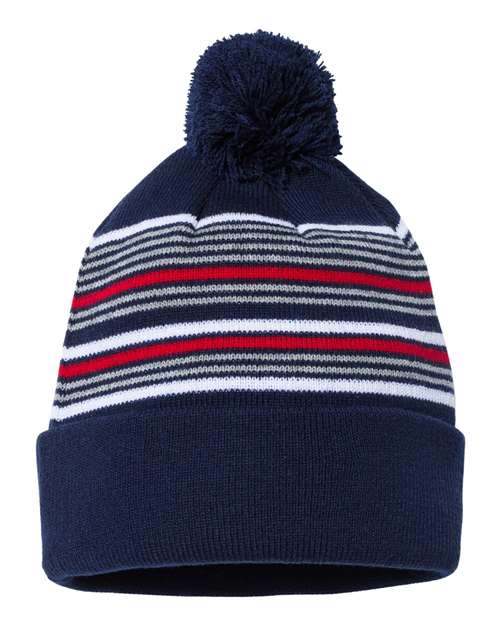 Custom Sportsman SP60S Striped Pom - Pom Beanie | Retro Knit - Navy/ White/ Grey/ Red - The Luua Company