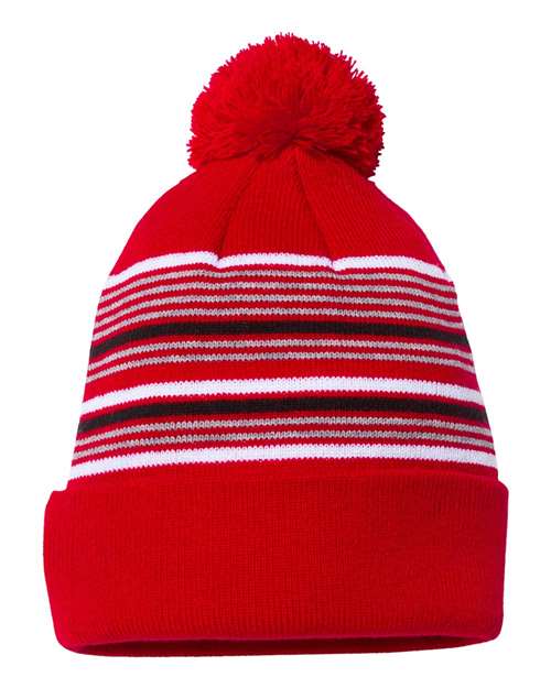 Custom Sportsman SP60S Striped Pom - Pom Beanie | Retro Knit - Red/ White/ Grey/ Black - The Luua Company