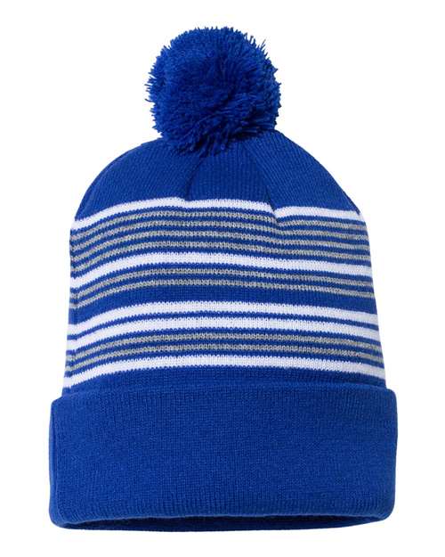 Custom Sportsman SP60S Striped Pom - Pom Beanie | Retro Knit - Royal/ White/ Grey - The Luua Company