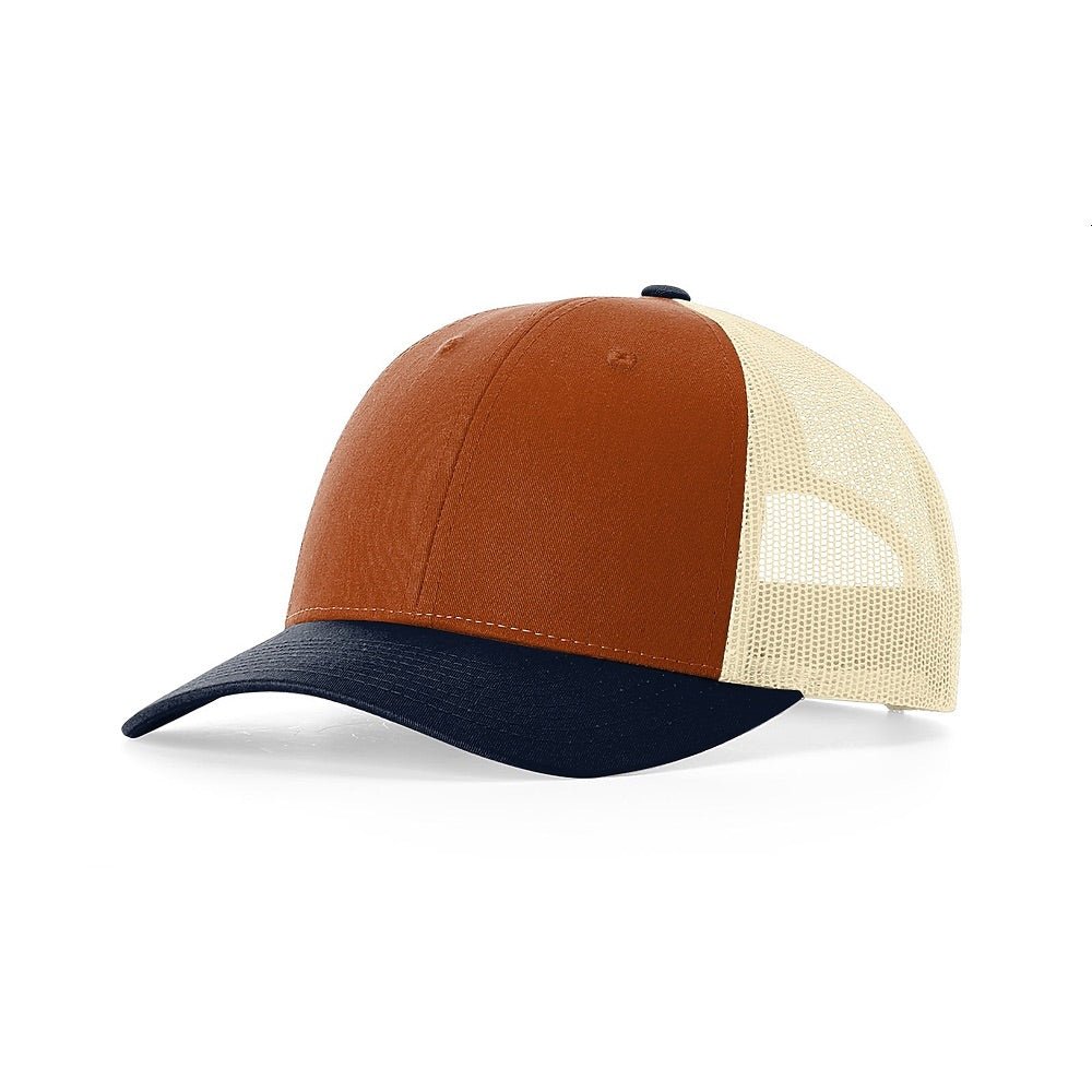 Richardson 115 Custom Hat | Low Profile Trucker in Dark Orange/ Birch/ Patriot Blue - The Luua Company