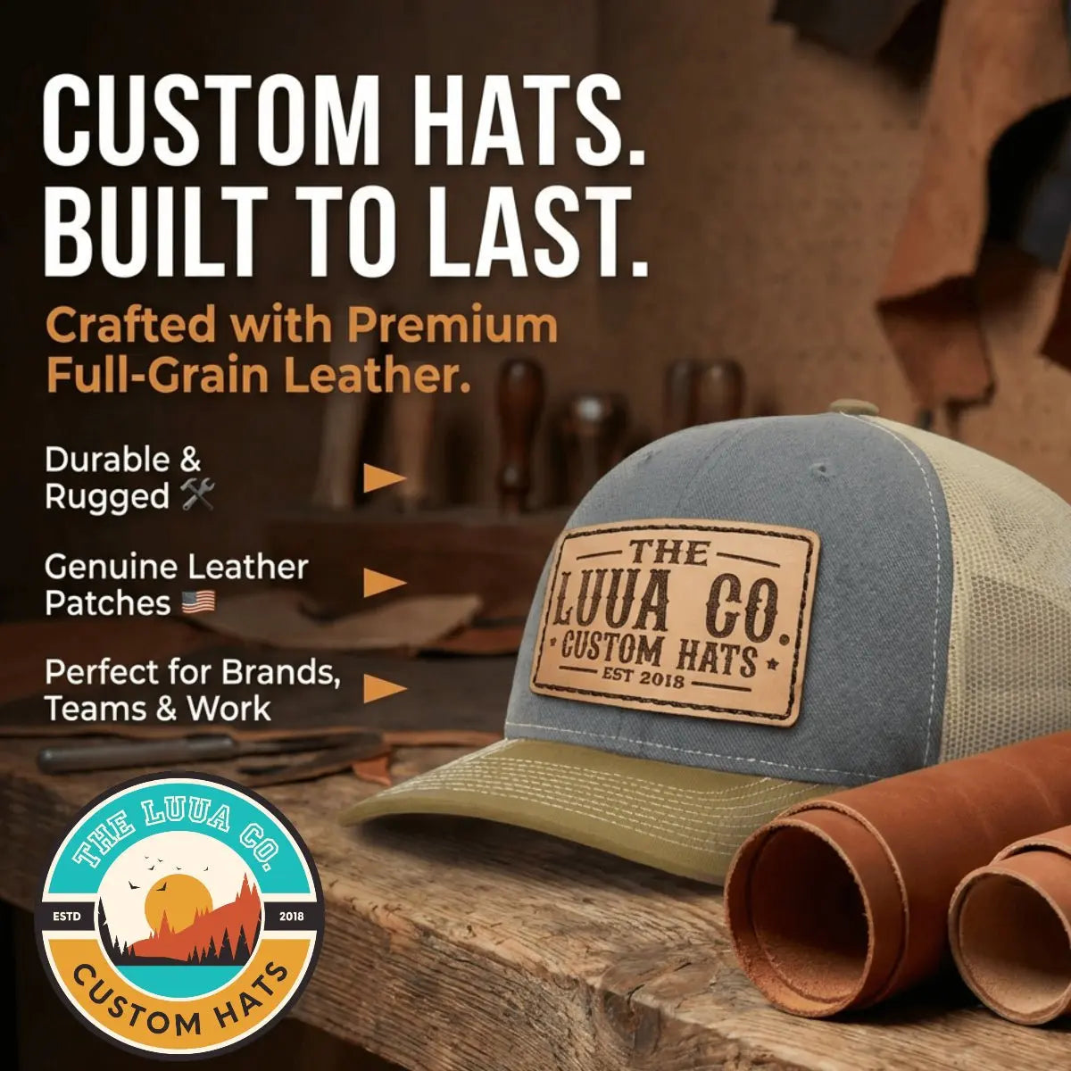 Richardson 112 trucker hat with full grain leather patch